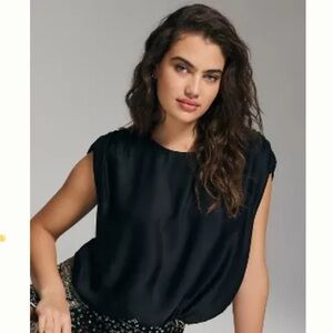 NWT Anthropologie Cap-Sleeve Silky Scoop Neck Blouse Black Size XL